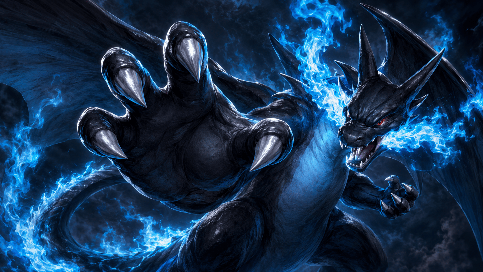 Mächtiger dunkelblauer Drache, der blaue Flammen speit — das Wahrzeichen von Black Flame Cards
